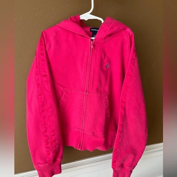 Ralph Lauren Girls Pink Fleece Hoodie Sweatshirt Full Zip Size L Barbiecore - Picture 1 of 3